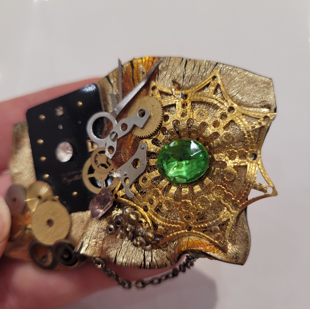 Handmade steampunk metal jewel gears brooch